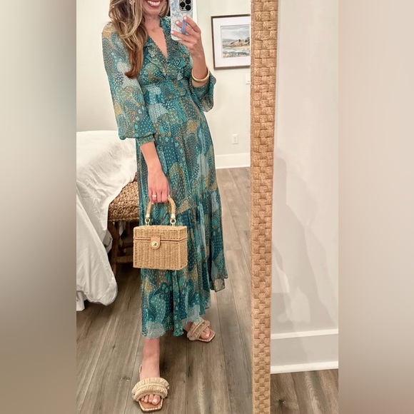 NEW Anthropologie The Odetta Ruffled V-Neck‎ Maxi LS flowy Dress Teal Size  M - Picture 15 of 17